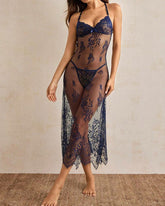 Women's Floral Embroidery Sheer Mesh Sexy Lingerie Cami Dress & Thong Set