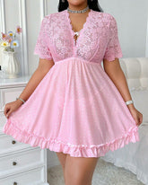 Plus Size Lace Mesh See-Through Babydoll Lingerie Set – Sexy Nightdress with Lace Trim for Women