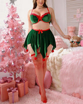 Plus Size 5PCS Sexy Christmas Velvet Lingerie Set – Bow Cami & Fuzzy Hem Skirt