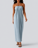 Halter Neck Maxi Dress with Adjustable Tie Back and Side Pockets