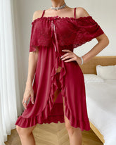 Sexy Plus Size Sheer Lace Off-Shoulder Long Nightdress with Panty