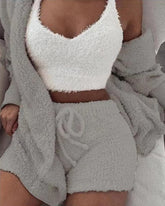 Women’s 3-Piece Plush Loungewear Set – Long Sleeve Top, Shorts & Pants