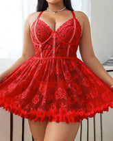 Plus Size Sexy Lace Mesh Sheer Babydoll Set with Panty