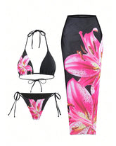 Women's Halter Triangle Bikini Sets Floral 3 Piece Swimsuit Bathing Suit Cover Up Long Skirt