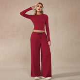Women’s 2-Piece Activewear Set: Long-Sleeve Crop Top & Wide-Leg Pants | Stretchy Yoga/Workout/Running Clothes