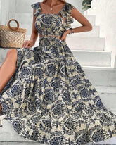 Ethnic Pattern Butterfly-Sleeve Crop Top & Shirred High Waist A-Line Skirt Set