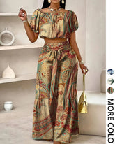 Women’s Paisley Summer Two-Piece Set, Off-Shoulder Top & Wide-Leg Pants