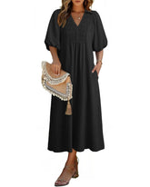 Women’s V-Neck Puff Sleeve Empire Waist A-Line Maxi Dress