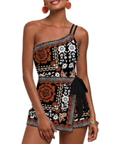 One-Shoulder Floral Tankini Swim Dress – Adjustable, Ruched Tummy Control