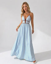Women’s Pinstripe V-Neck Halter Maxi Dress – Summer Beachwear