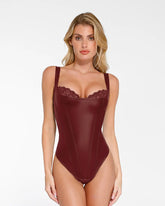 Faux Leather Lace Trim Corset Bodysuit