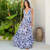 Shapecurve® V Neck Lace Up Strip Plant Prints One Piece Swimsuit and Skirt/Sarong