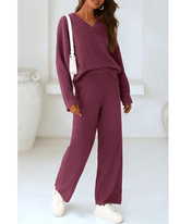 Women's 2-Piece Lounge Set Soft Chunky V Neck Tops & Wide Leg Long Pants Pajama set