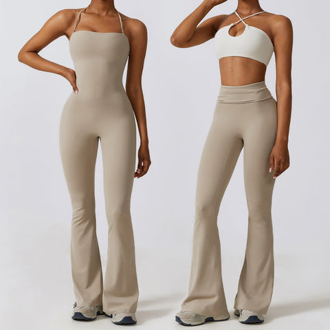 Women’s Halter Neck Bodycon Flare Jumpsuit – Stretchy, Butt-Lifting Activewear