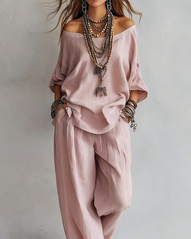 Summer Linen Set Relaxed Fit Top & Wide-Leg Pants Effortless Casual Wear