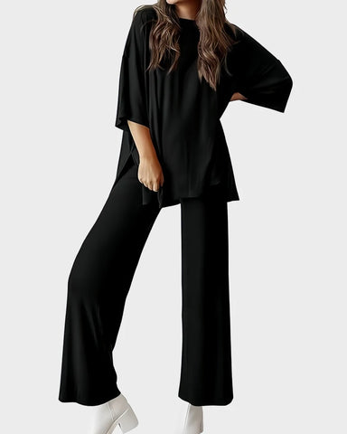 Relaxed Split-Hem Top & Wide-Leg Pants Set