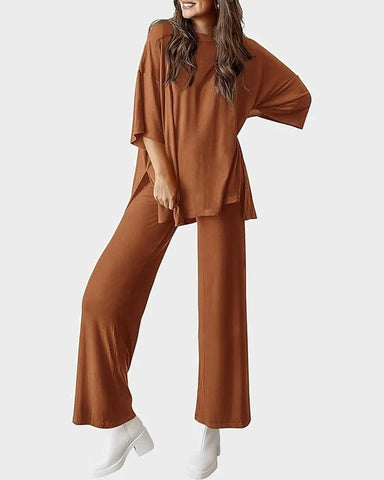 Relaxed Split-Hem Top & Wide-Leg Pants Set