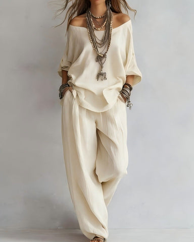 Summer Linen Set Relaxed Fit Top & Wide-Leg Pants Effortless Casual Wear