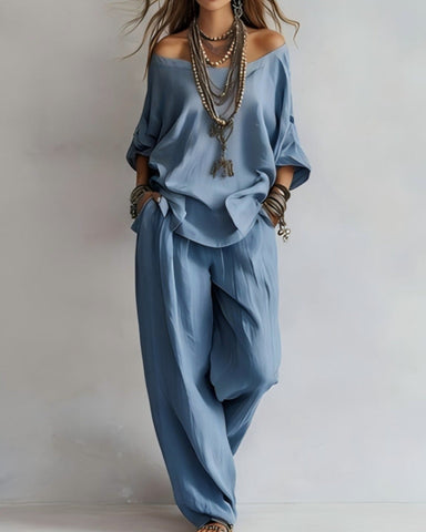 Summer Linen Set Relaxed Fit Top & Wide-Leg Pants Effortless Casual Wear