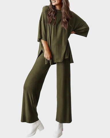 Relaxed Split-Hem Top & Wide-Leg Pants Set