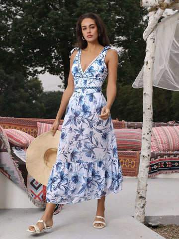 Shapecurve® V Neck Lace Up Strip Plant Prints One Piece Swimsuit and Skirt/Sarong