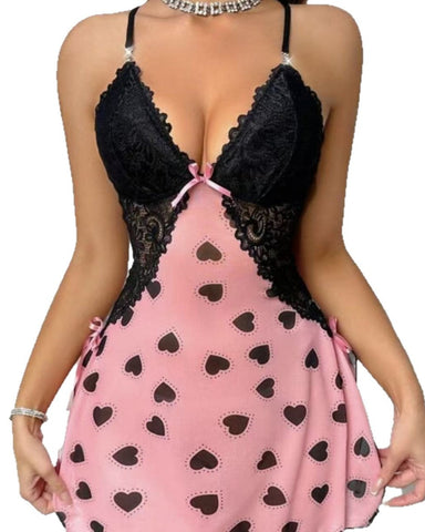 Miss Vinta Plus Size Backless Lace Slip Dress – Heart Print, High Slit