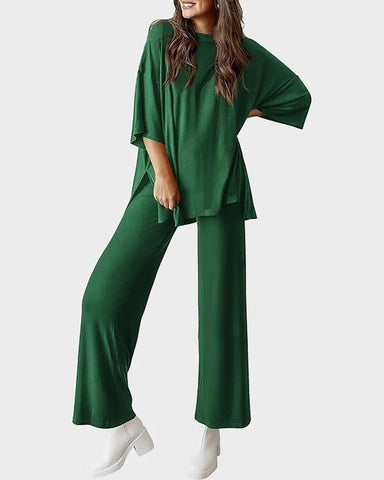 Relaxed Split-Hem Top & Wide-Leg Pants Set