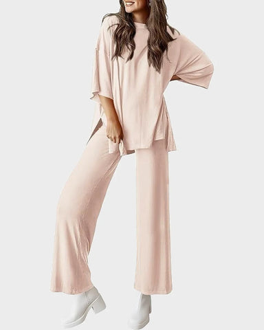 Relaxed Split-Hem Top & Wide-Leg Pants Set