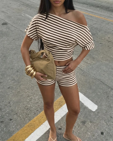 Striped Off-Shoulder Crop Top & High-Waist Shorts Set