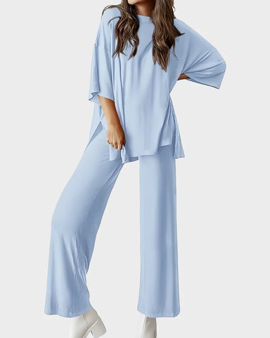 Relaxed Split-Hem Top & Wide-Leg Pants Set