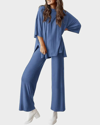 Relaxed Split-Hem Top & Wide-Leg Pants Set