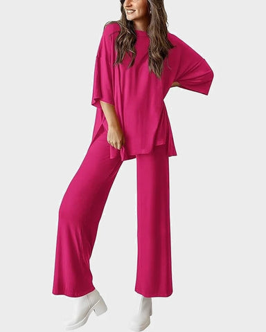 Relaxed Split-Hem Top & Wide-Leg Pants Set