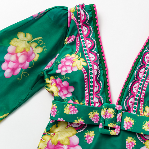 Shapecurve® Long-sleeved Retro Green Grapes Print One Piece Swimsuit and Skirt