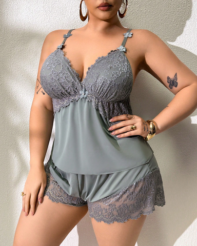 Plus Size Lace Satin Cami Pajama Set – Sexy Two-Piece Sleepwear for Women