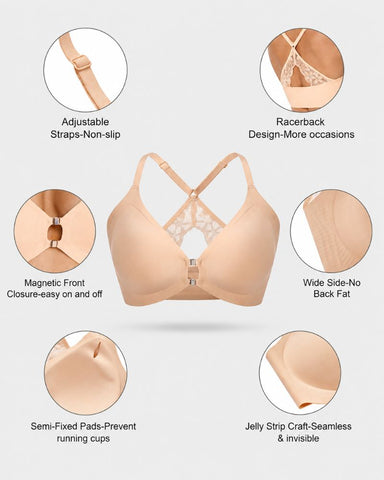 Front Closure Wireless Plunge Lace Racerback Bra