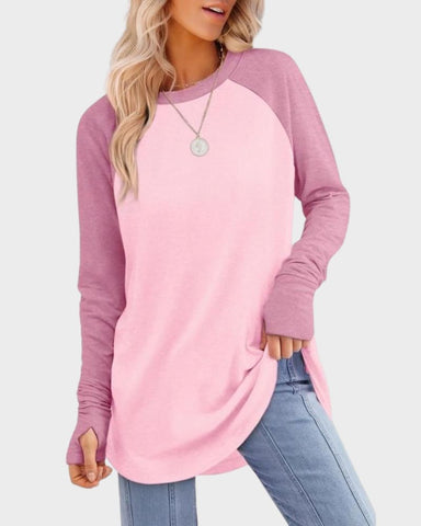 Long Sleeve Thumbhole Tunic Top with Curved Hem
