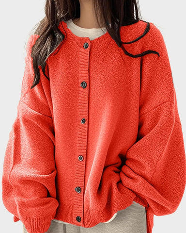 Relaxed Solid-Color Button-Front Knit Cardigan