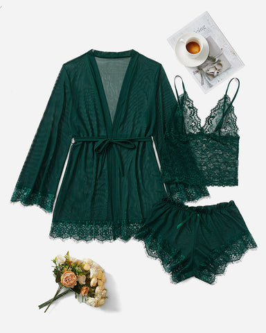 3-Piece Lace Sleepwear Set for Women – Cami, Shorts & Robe