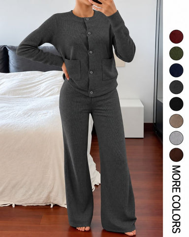Round-Neck Knit Cardigan & Wide-Leg Pants Set
