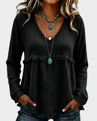Boho V-Neck Fringe Babydoll Blouse