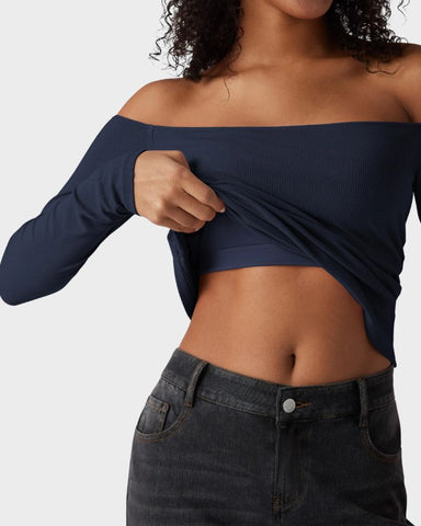 Ribbed Off-Shoulder Built-In Bra Long Sleeve Top