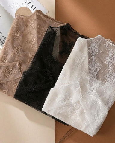 Floral Lace Mesh Long-Sleeve Layering Top