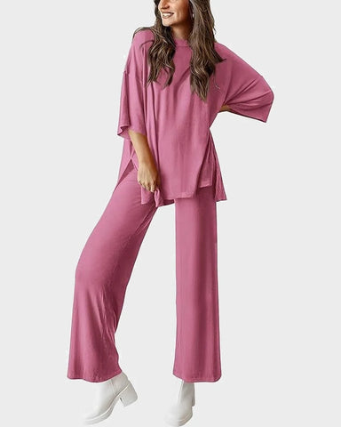 Relaxed Split-Hem Top & Wide-Leg Pants Set