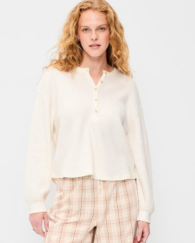 Women's Relaxed Waffle Knit Long Sleeve Henley Top