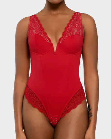 Deep-V Lace Tummy Control Shaping Bodysuit