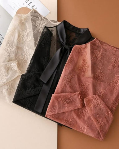 Floral Lace Mesh Long-Sleeve Layering Top