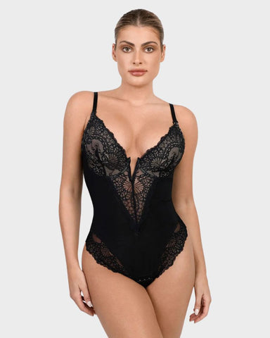 Deep-V Lace Tummy Control Shaping Bodysuit