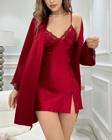 Satin Deep V Lingerie Set – Sexy Nightdress with Robe