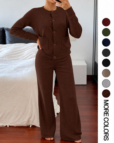 Round-Neck Knit Cardigan & Wide-Leg Pants Set