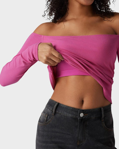 Ribbed Off-Shoulder Built-In Bra Long Sleeve Top